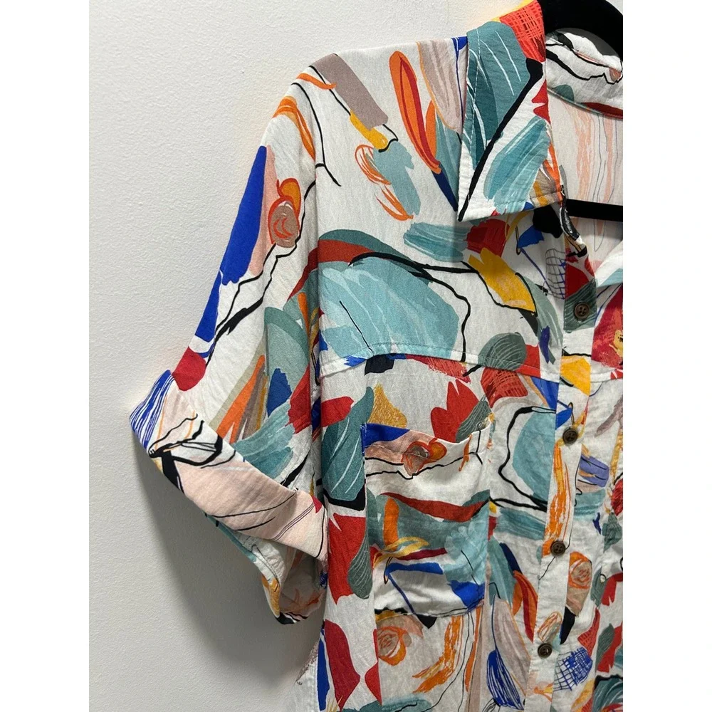 Histor Womens Abstract Art Print Short Sleeve Button Down Shirt Multi Color L